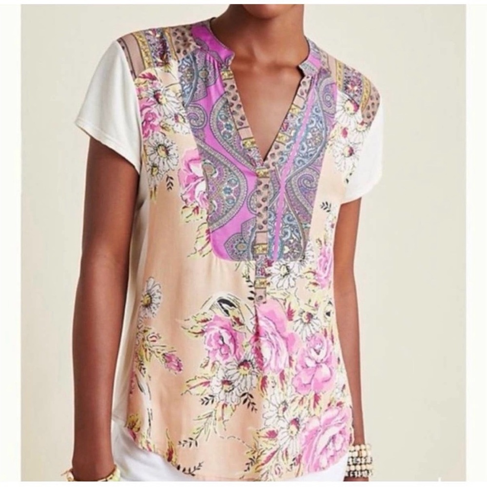 Floral Paisley Split-Neck Blouse - Pink Cream